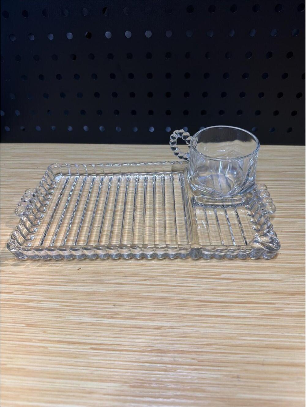 Vintage Hazel Atlas Candlewick Smoke Sip And Snack Tray With Cup MCM *
